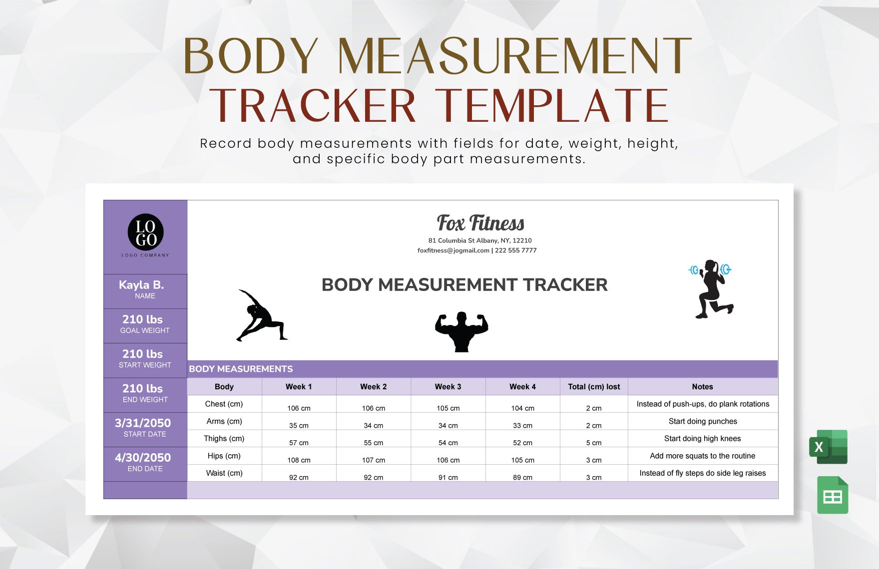 Body Measurement Tracker Template in Excel, Google Sheets