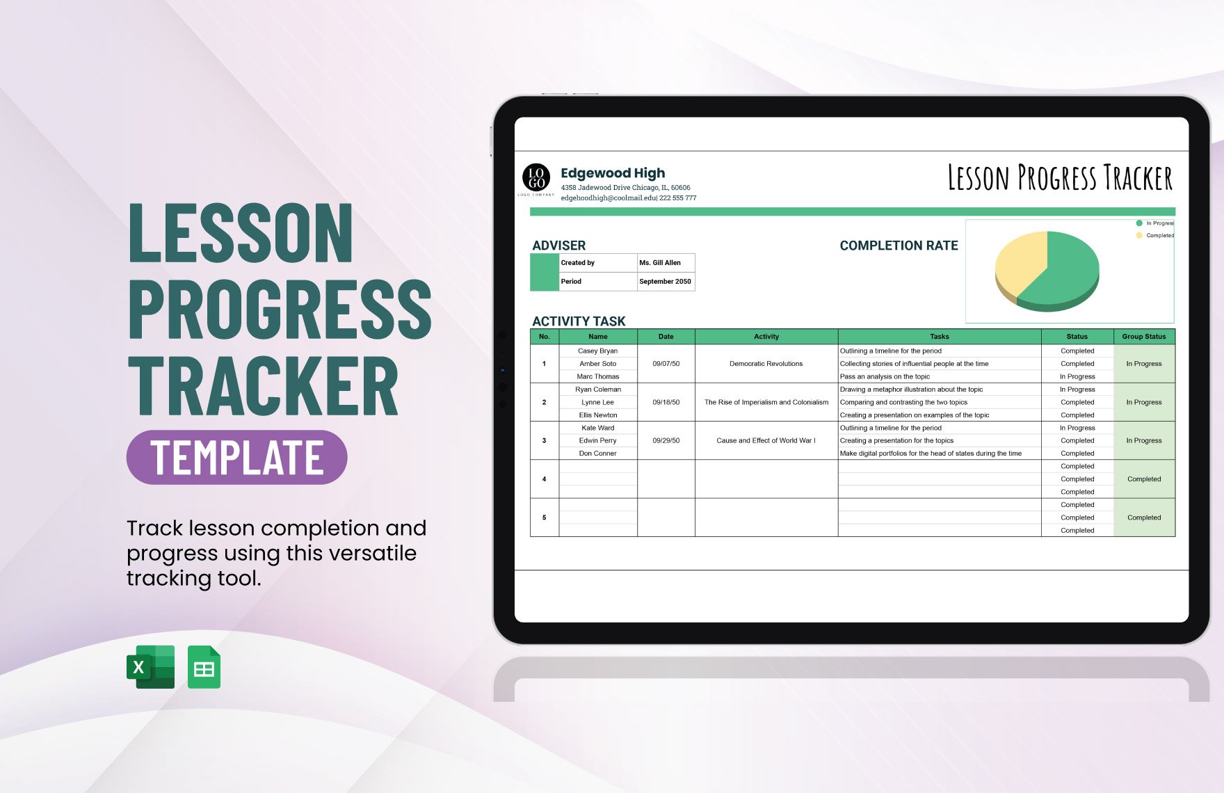 Lesson Progress Tracker Template in Excel, Google Sheets