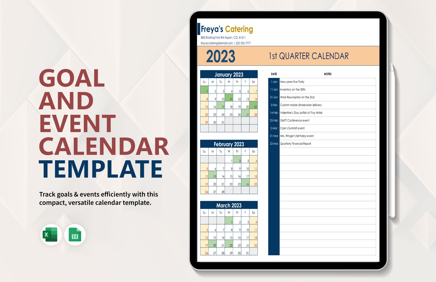 Goal And Event Calendar Template in Excel, Google Sheets
