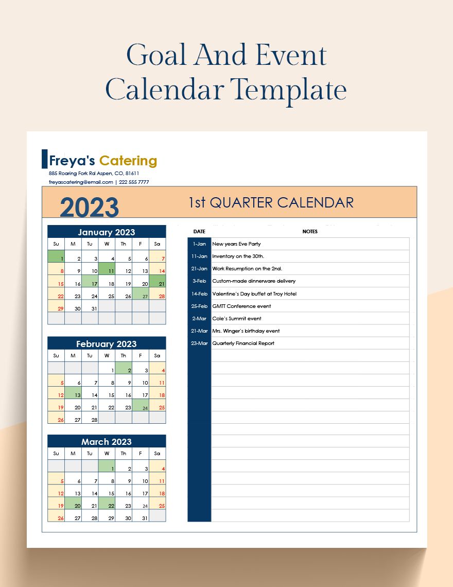 Goal And Event Calendar Template Google Sheets, Excel