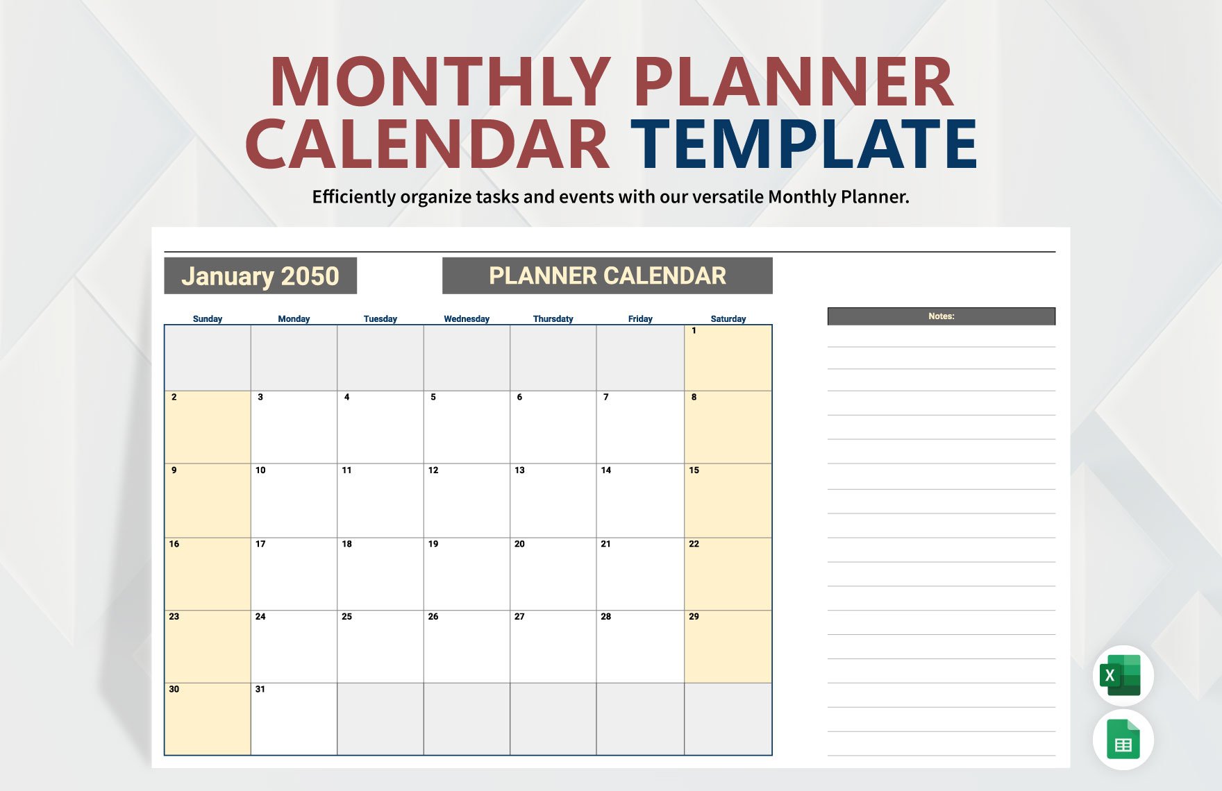 Monthly Planner Calendar Template in Excel, Google Sheets