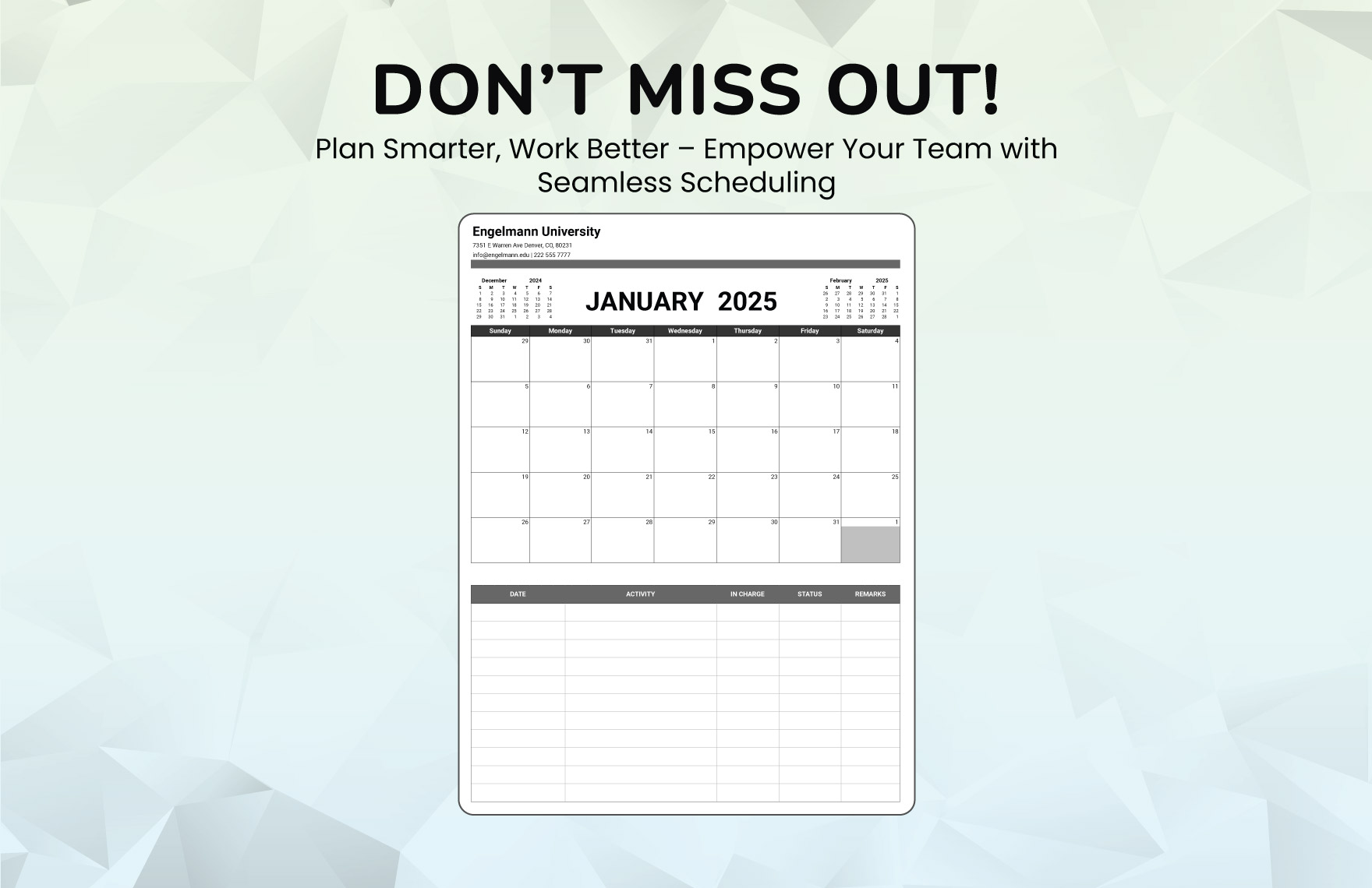 Team Work Calendar Template