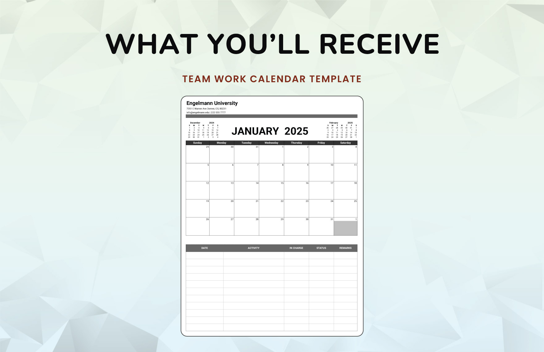 Team Work Calendar Template
