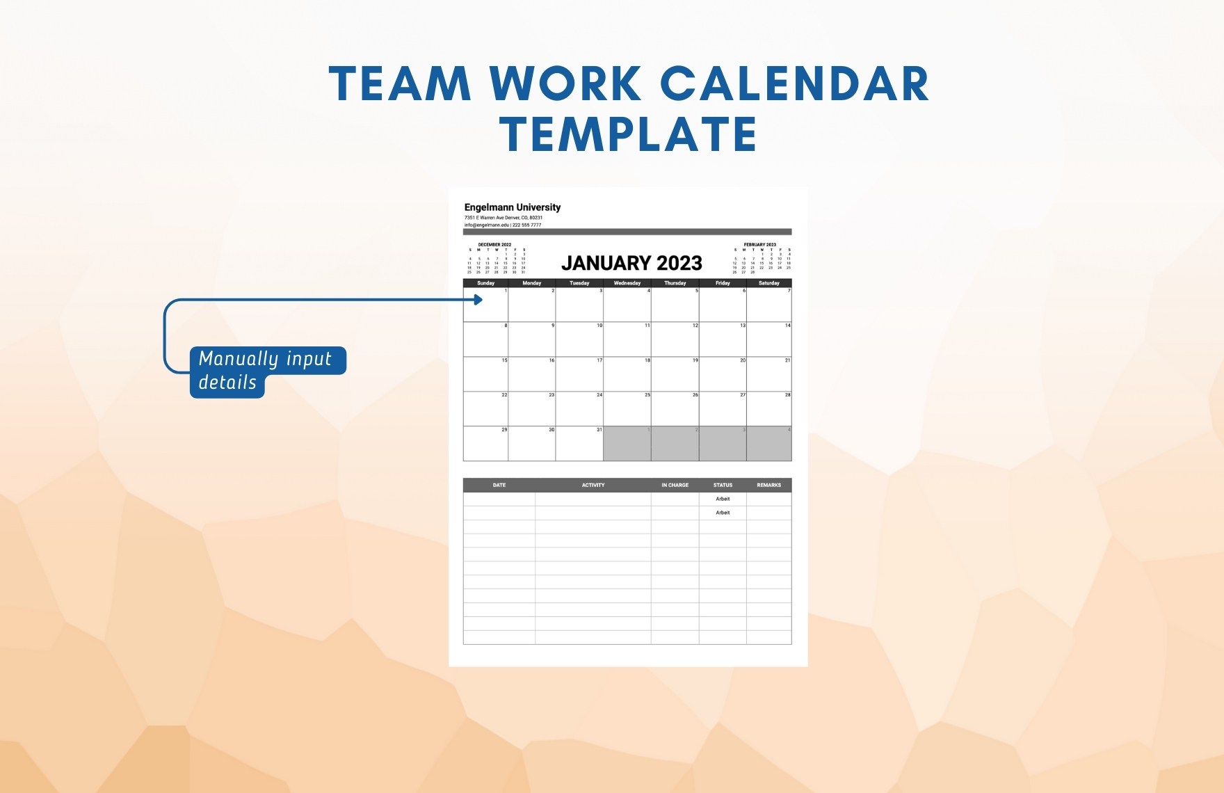Team Work Calendar Template