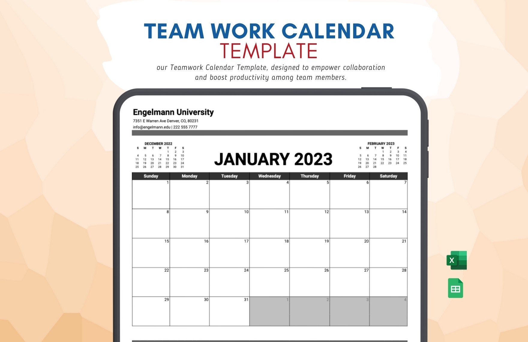 Free Team Work Calendar Template in Excel, Google Sheets