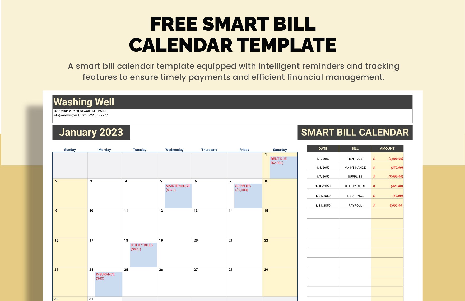 Smart Bill Calendar Template