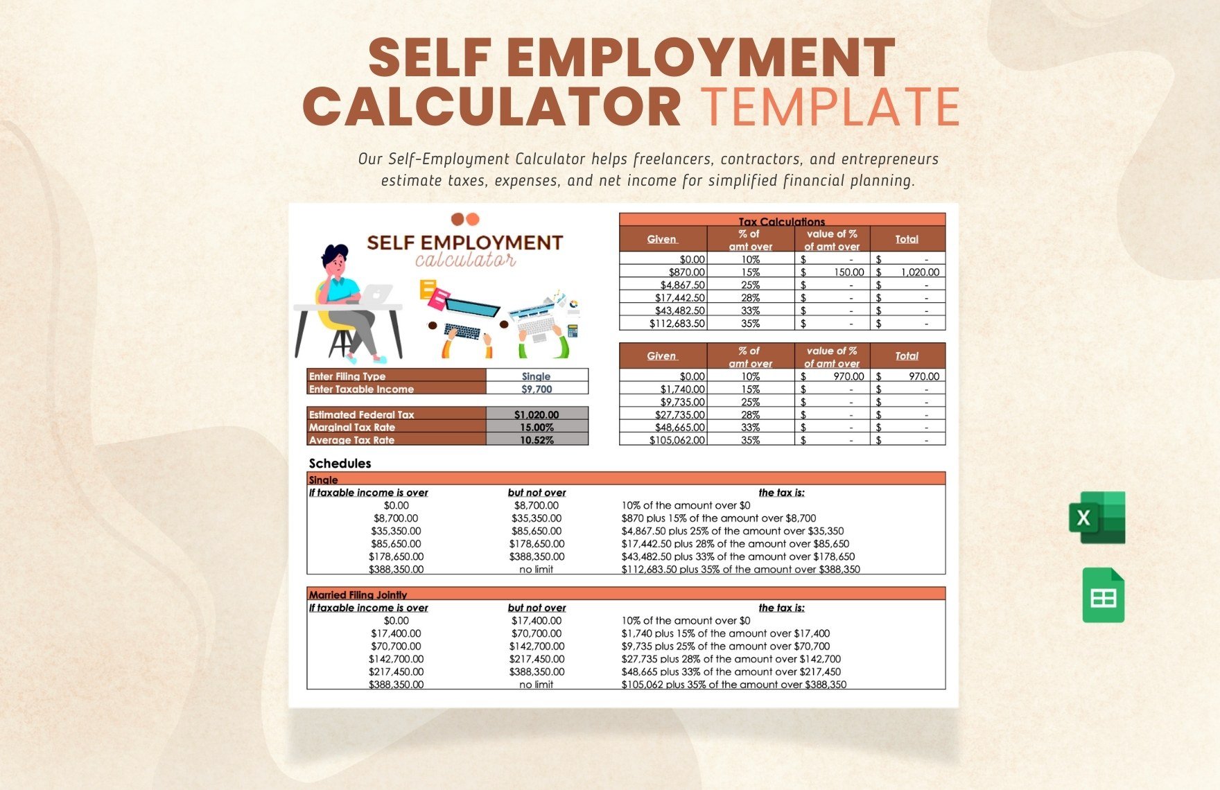 Self Employment Calculator in Excel, Google Sheets