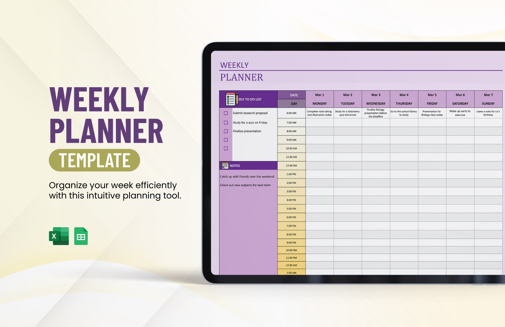 Weekly Planner Template in Excel, Google Sheets