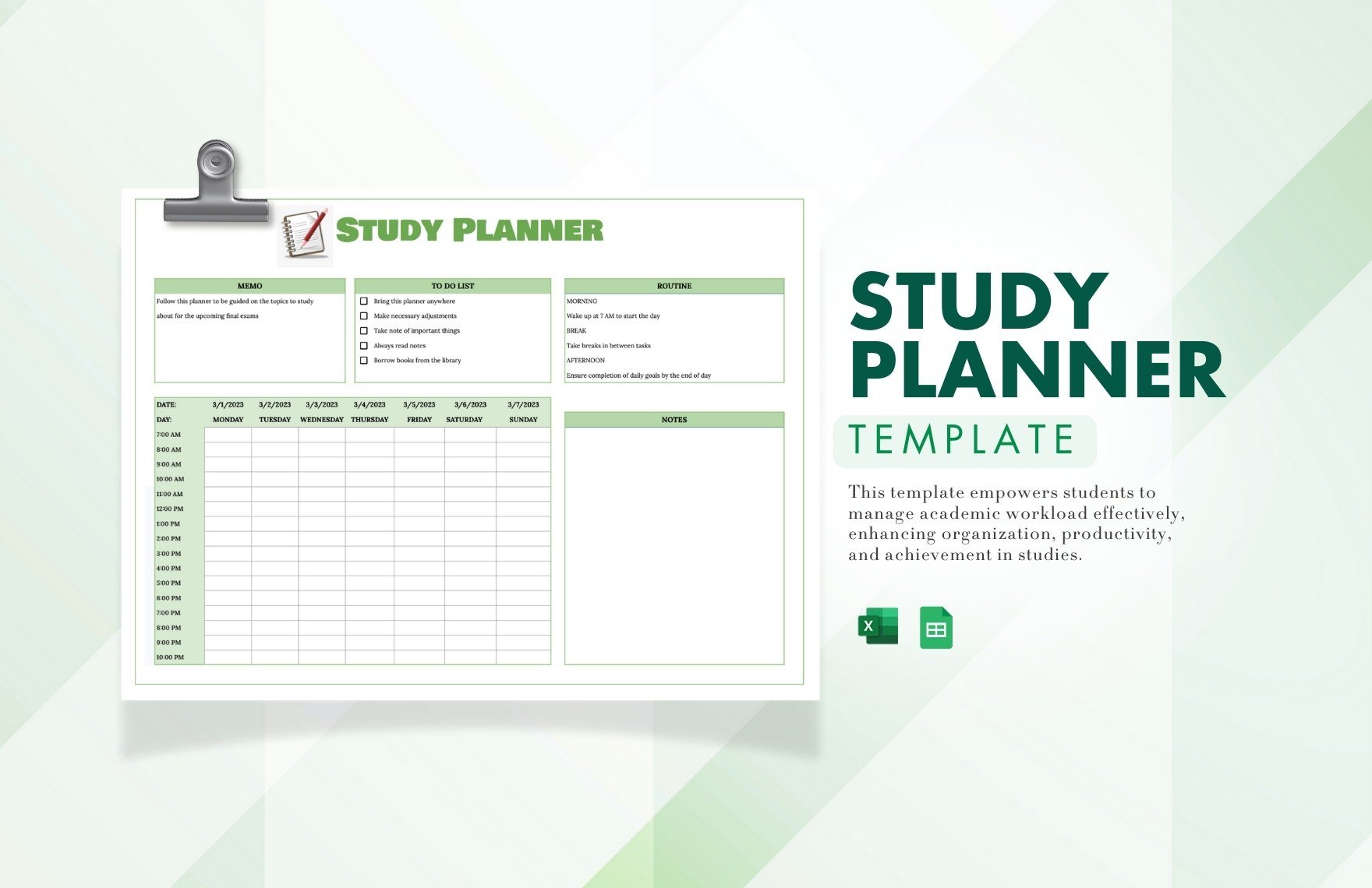 Free Study Planner in Excel, Google Sheets
