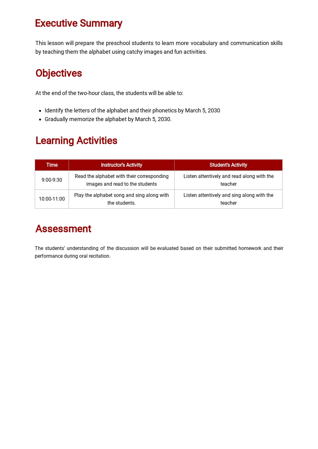 preschool lesson plan template free pdf word doc