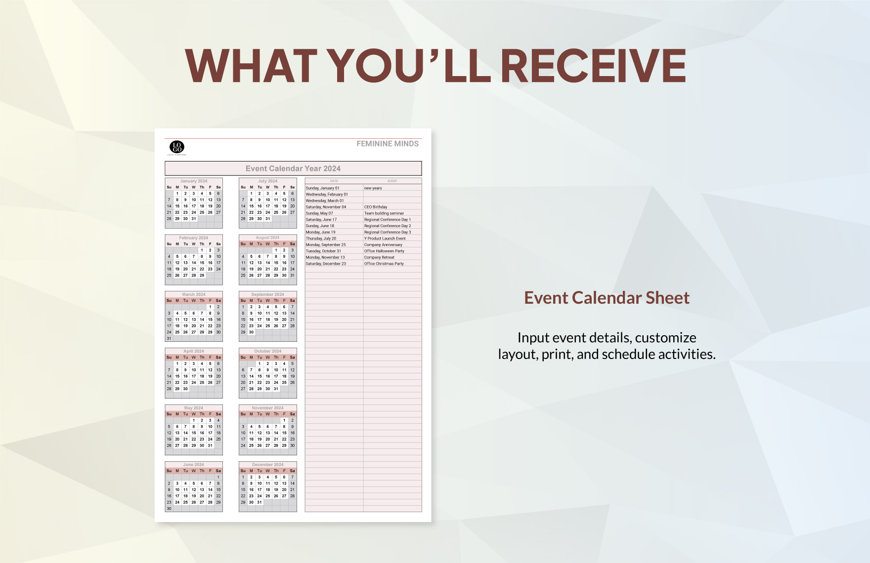 Any Year Event Calendar Template