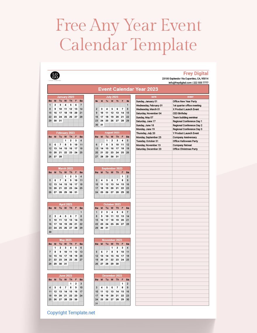 Free Any Year Event Calendar Template Google Sheets, Excel