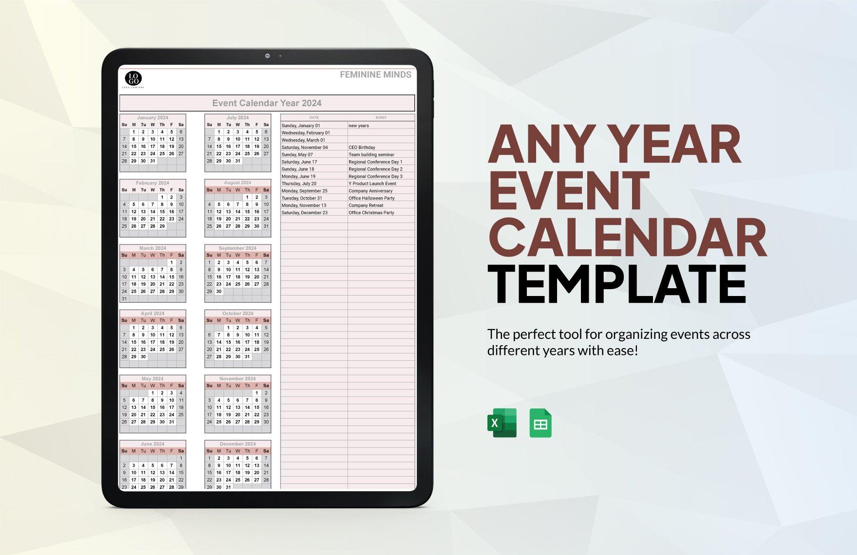 Any Year Event Calendar Template in Excel, Google Sheets
