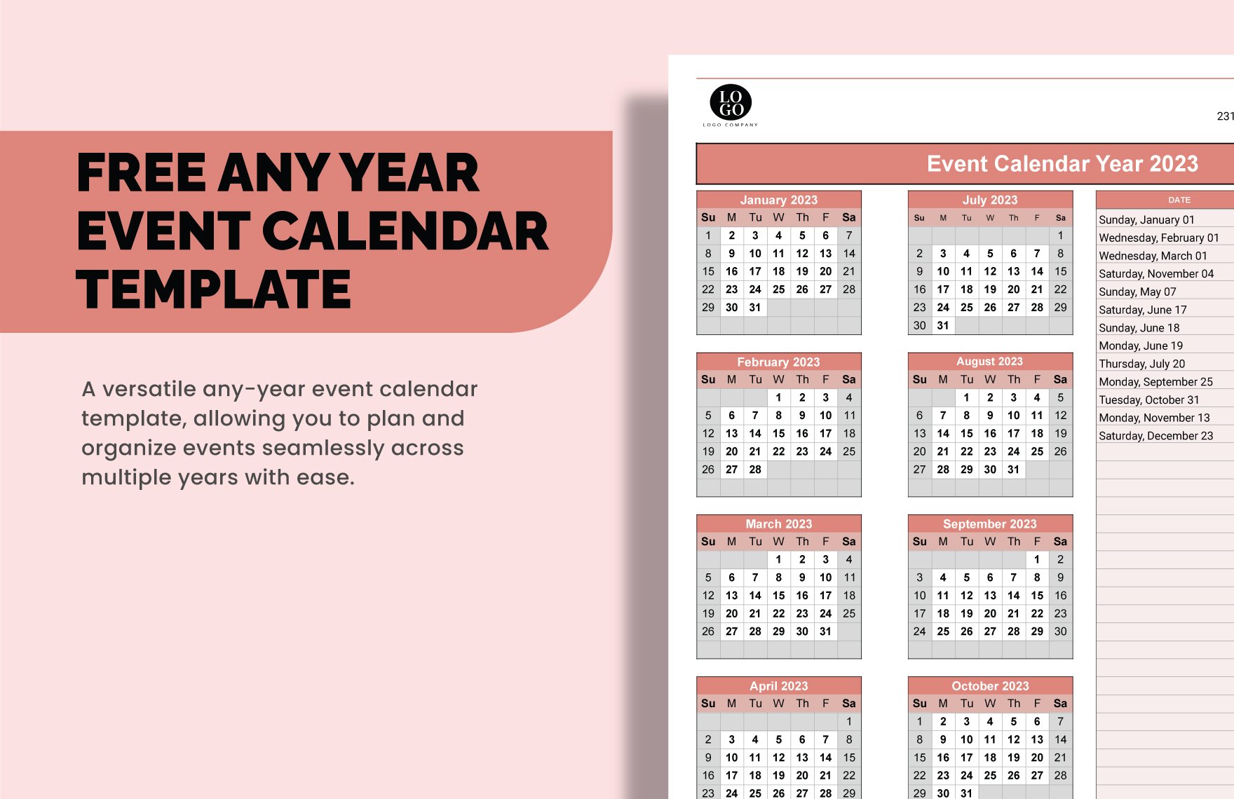 Any Year Event Calendar Template