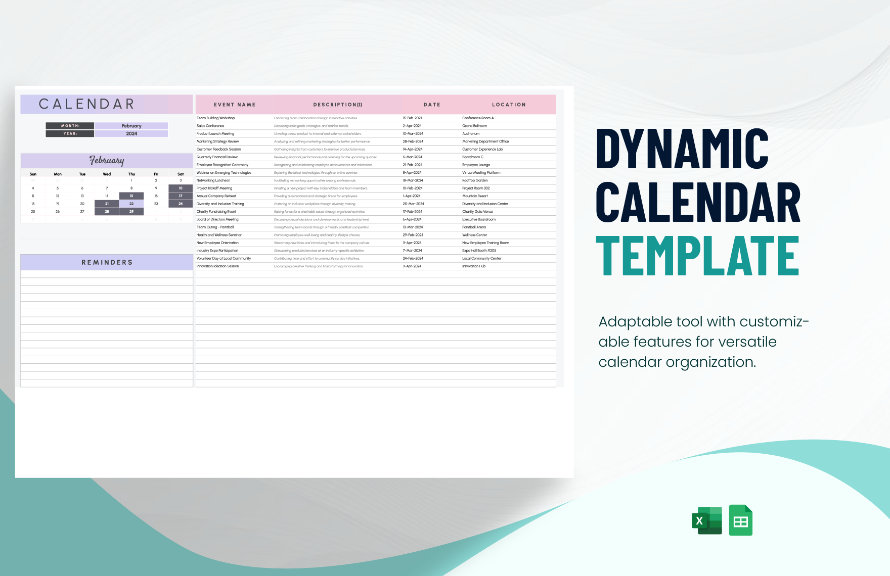 Dynamic Calendar Template in Excel, Google Sheets