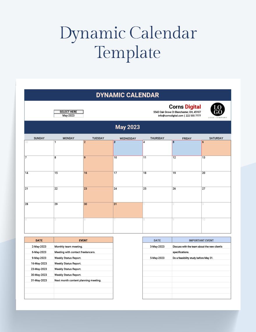 Dynamic Calendar Template Google Sheets, Excel