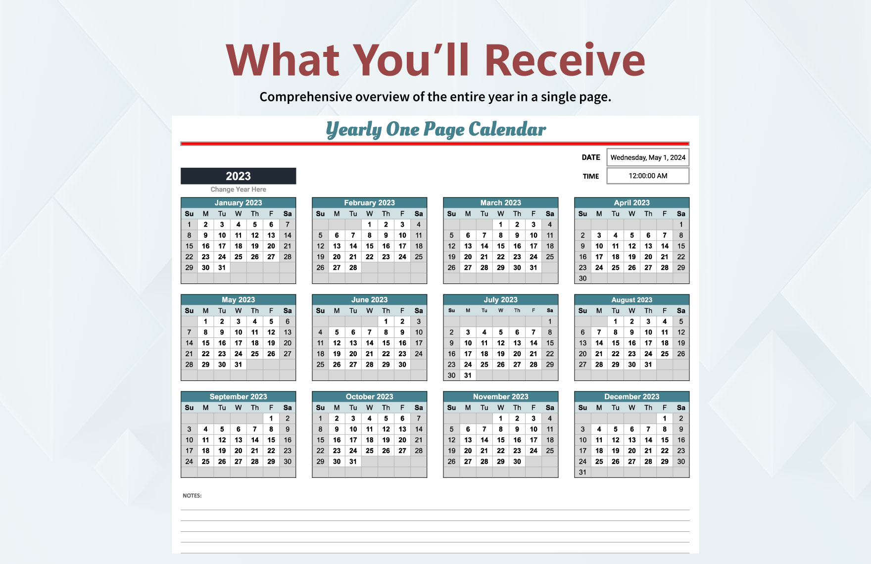 Yearly One Page Calendar Template