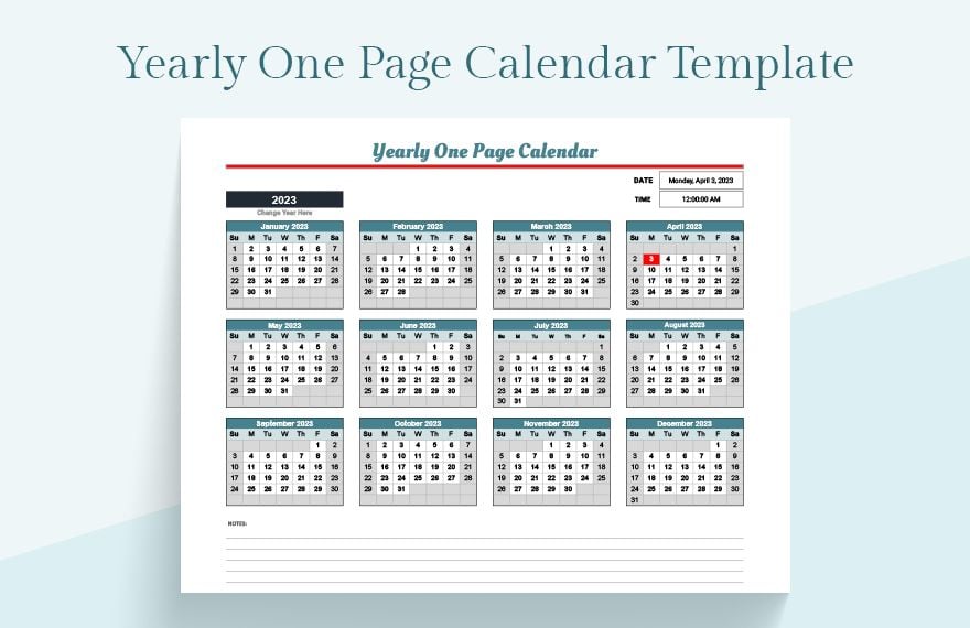 Yearly One Page Calendar Template