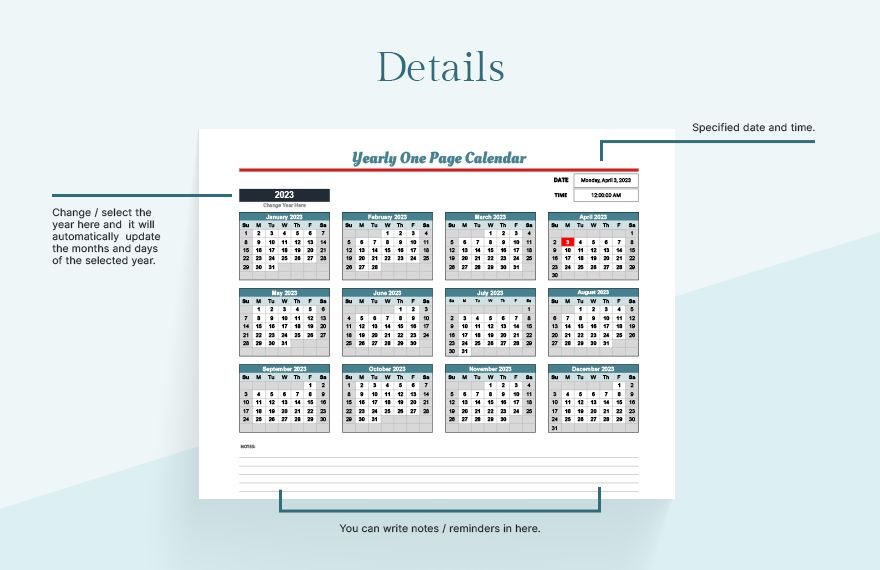 Yearly One Page Calendar Template Download in Excel, Google Sheets