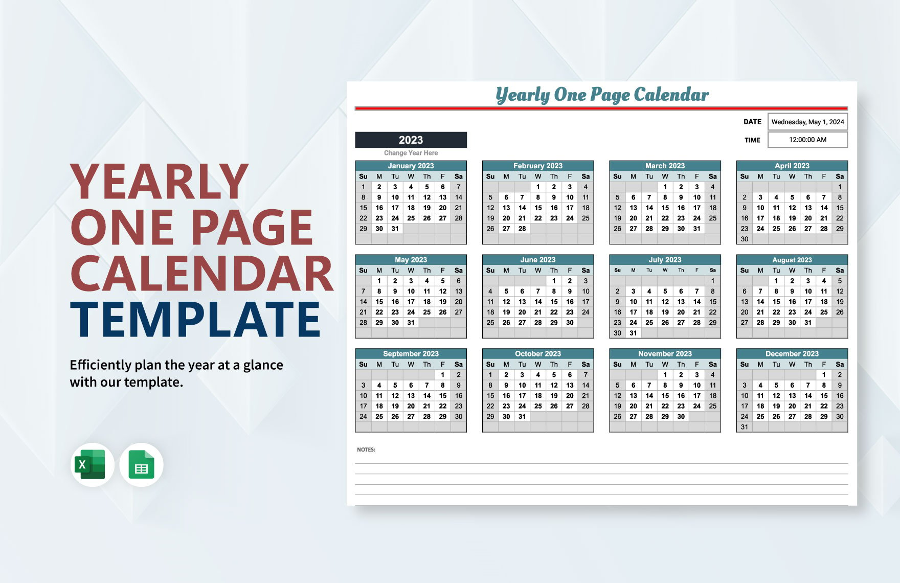 Yearly One Page Calendar Template in Excel, Google Sheets