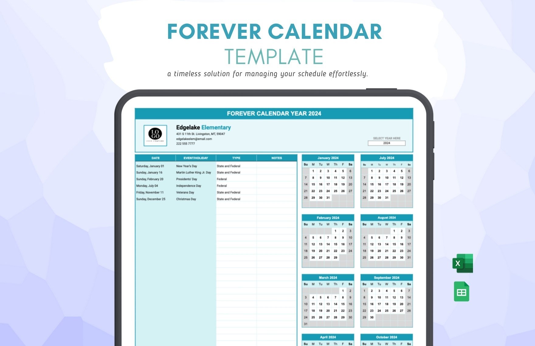 Free Forever Calendar Template in Excel, Google Sheets