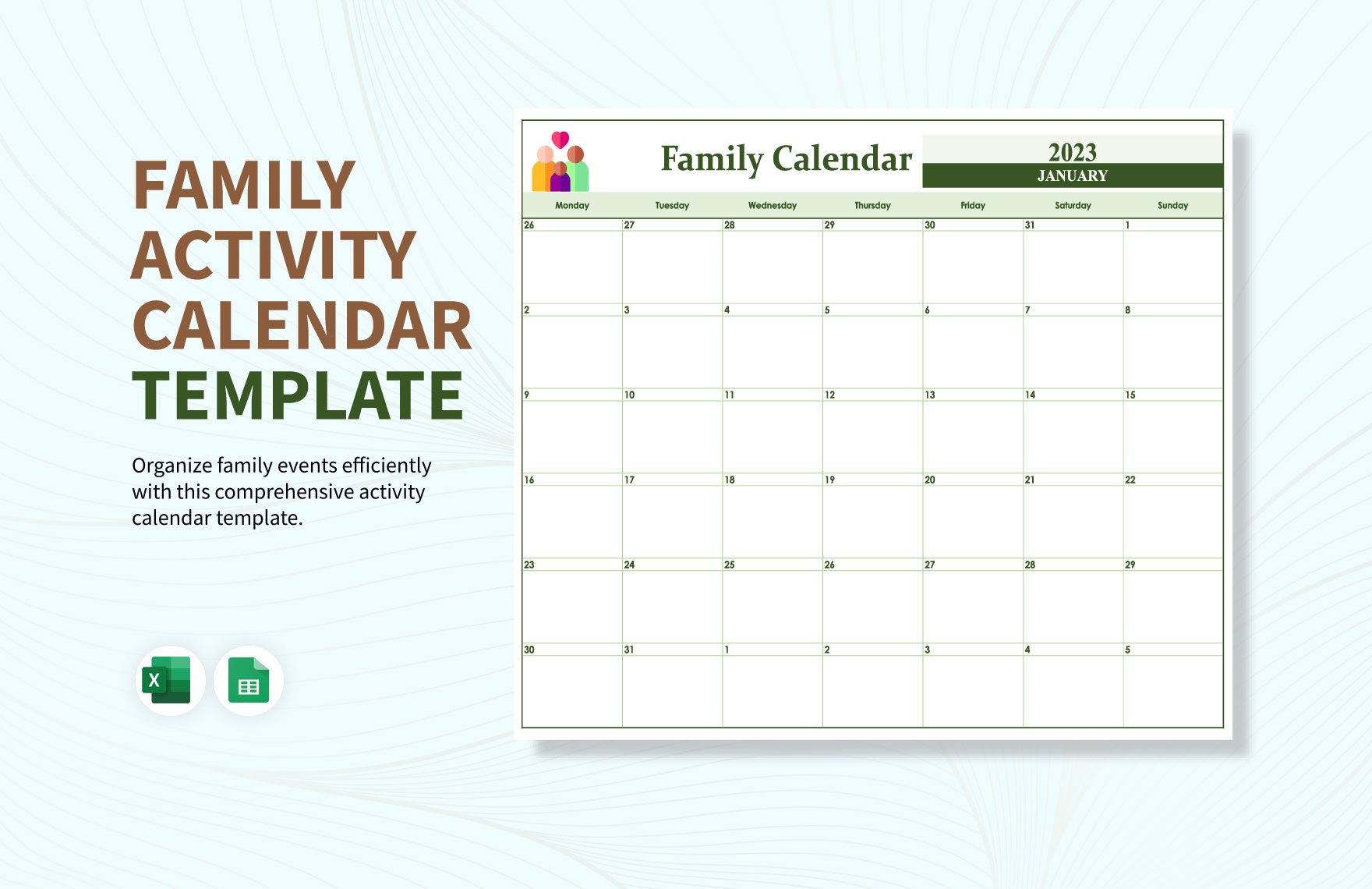 Family Activity Calendar Template in MS Excel, Google Sheets Download