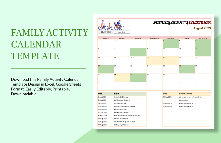 Family Activity Calendar Template Google Sheets, Excel