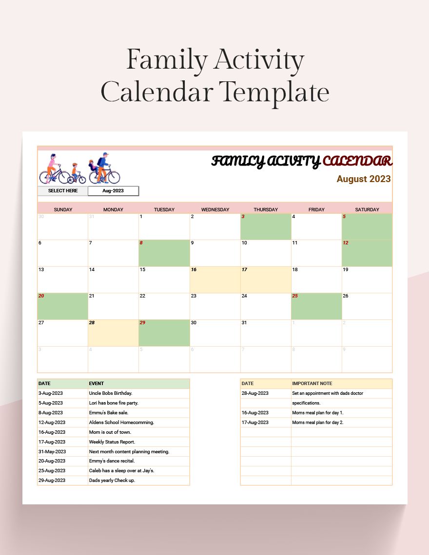 Family Activity Calendar Template Google Sheets, Excel