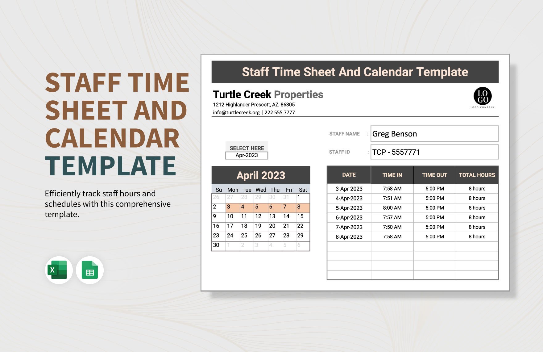 Staff Time Sheet And Calendar Template in Excel, Google Sheets