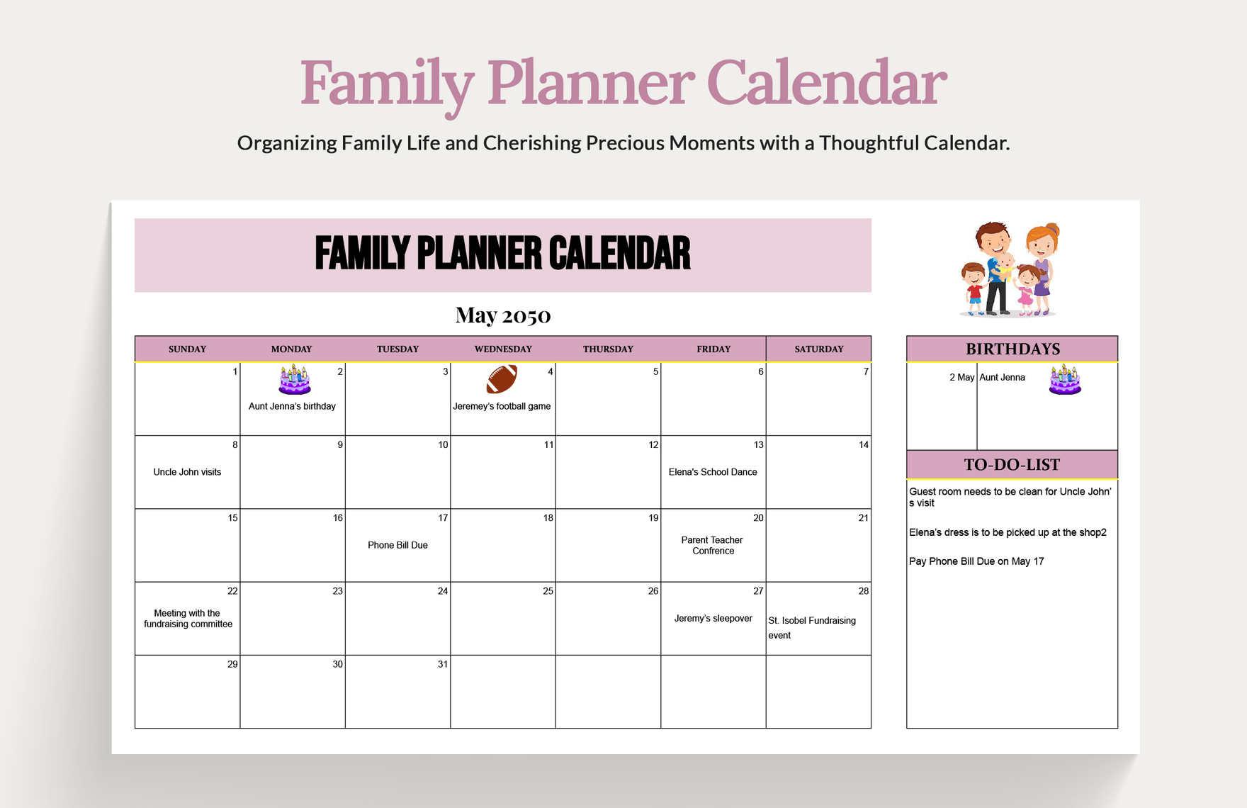 Family Planner Calendar in Excel, Google Sheets