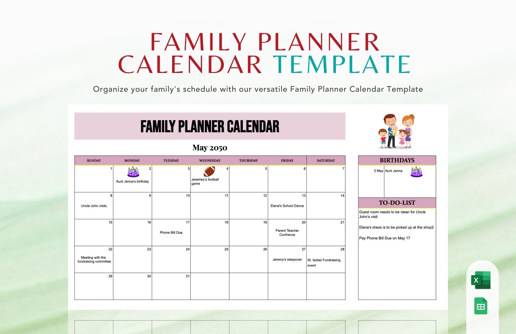 Family Planner Calendar in Excel, Google Sheets