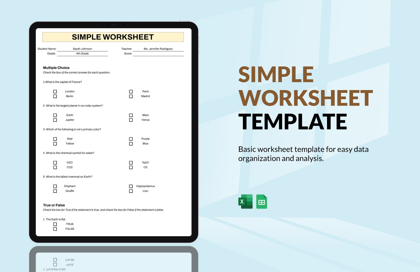 Free Simple Worksheet in Excel, Google Sheets