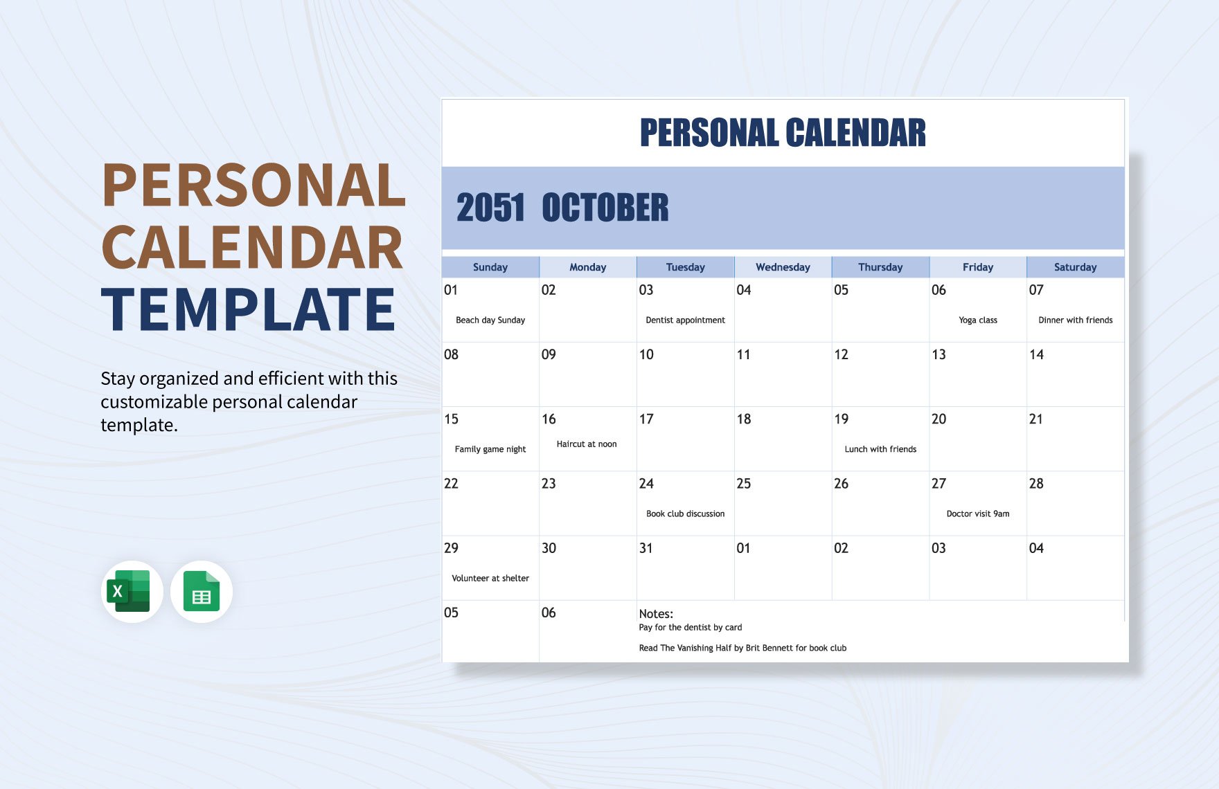 Personal Calendar in Excel, Google Sheets