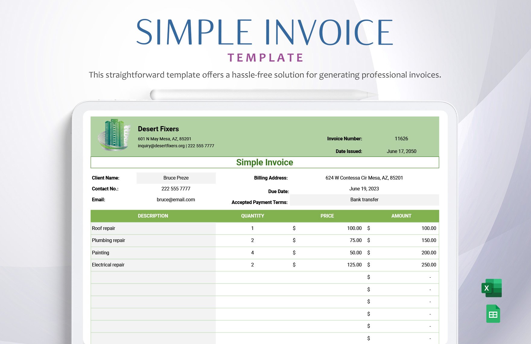 Simple Invoice Template in Excel, Google Sheets