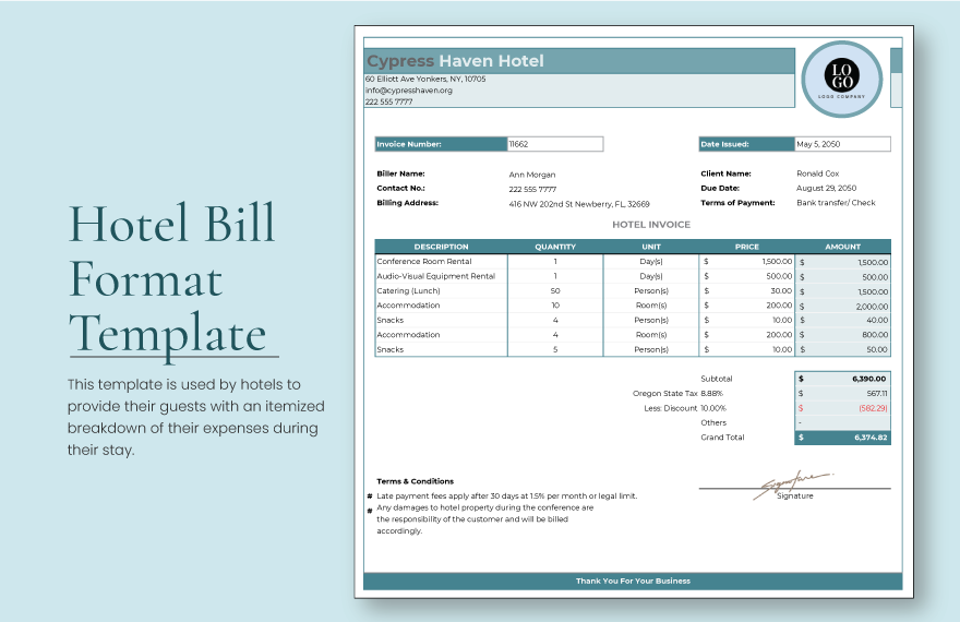 Hotel Bill Format Template in Excel, Google Sheets - Download | Template.net