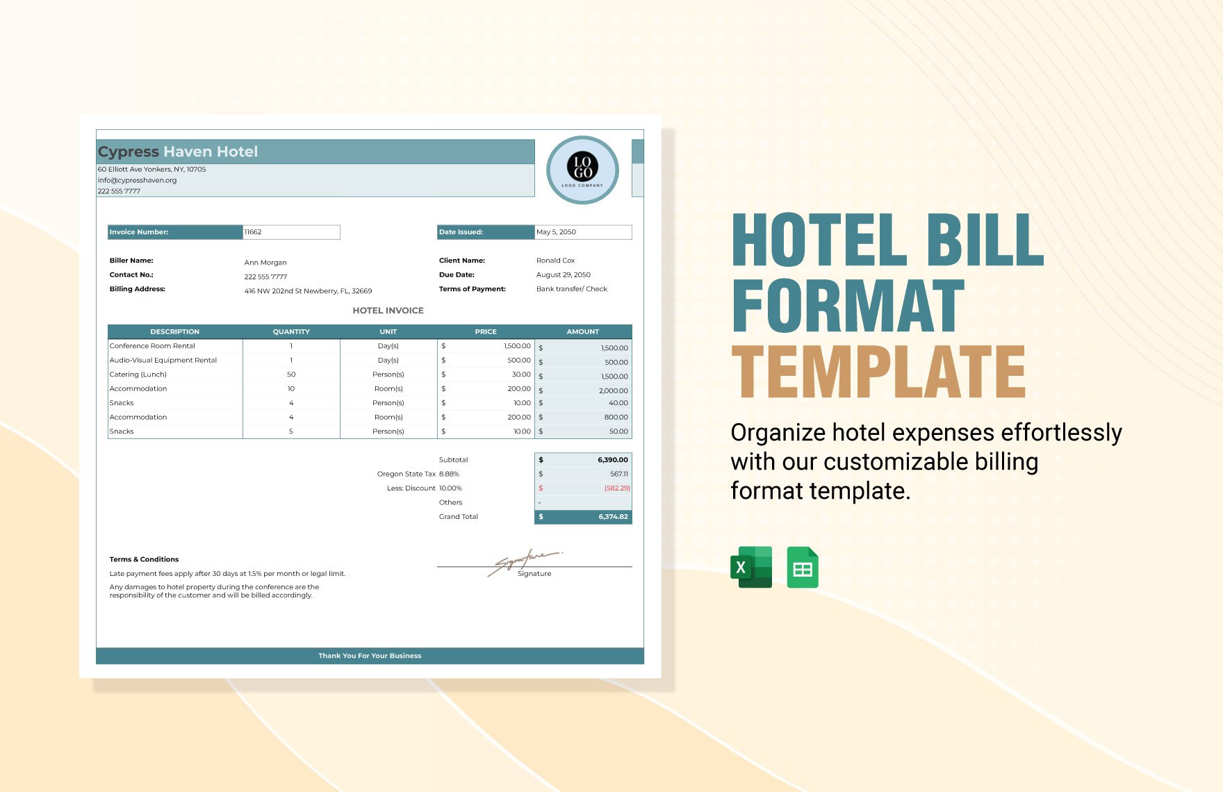 Hotel Bill Format Template in Excel, Google Sheets