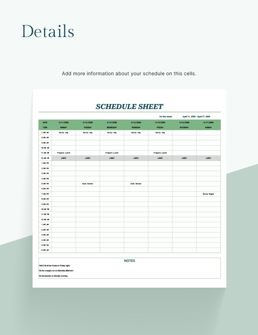 Schedule Sheet Template - Download in Excel, Google Sheets | Template.net