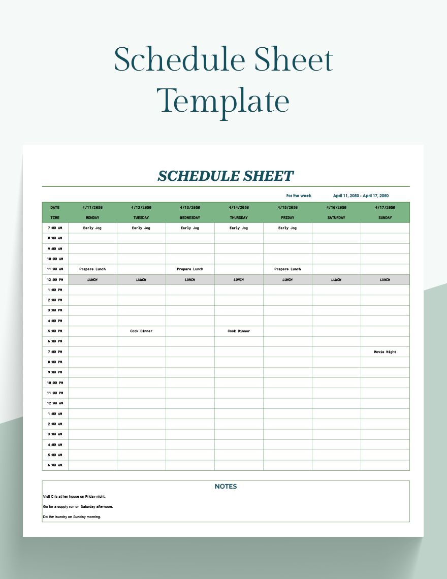 Schedule Sheet Template