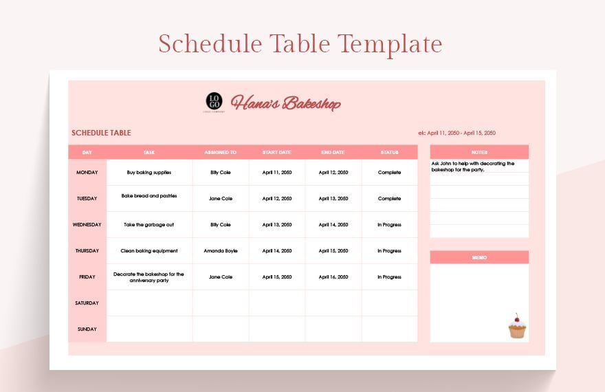 Schedule Table Template