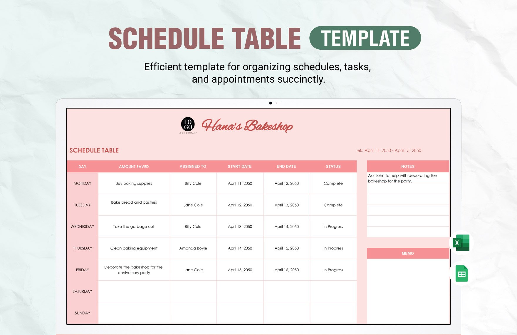 Free Schedule Table Template in Excel, Google Sheets