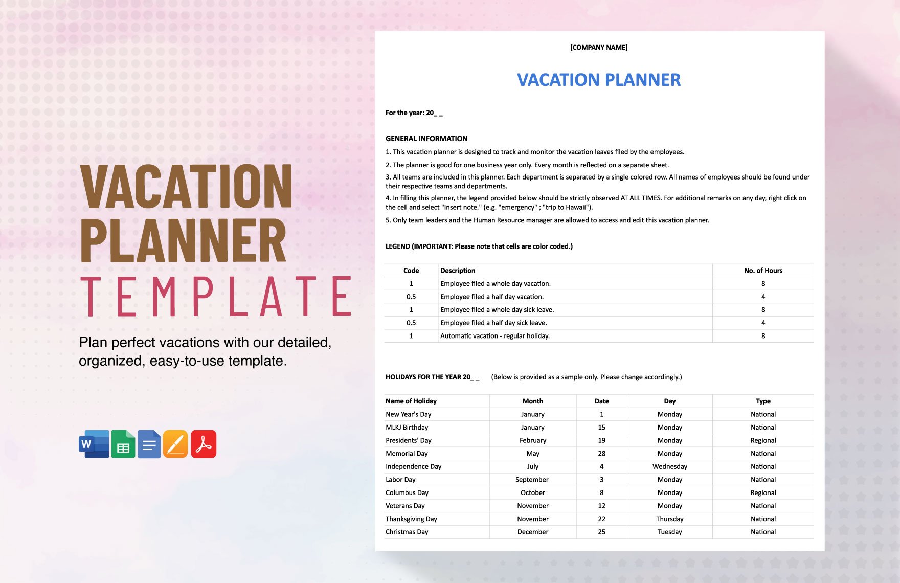 Vacation Planner Template in Word, Google Docs, PDF, Google Sheets, Apple Pages