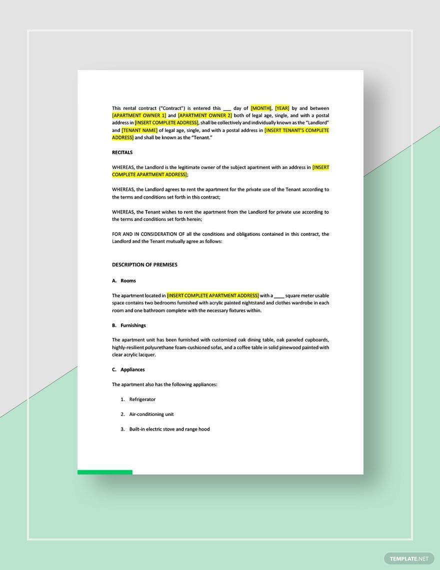 Apartment rental contract template google docs word apple pages