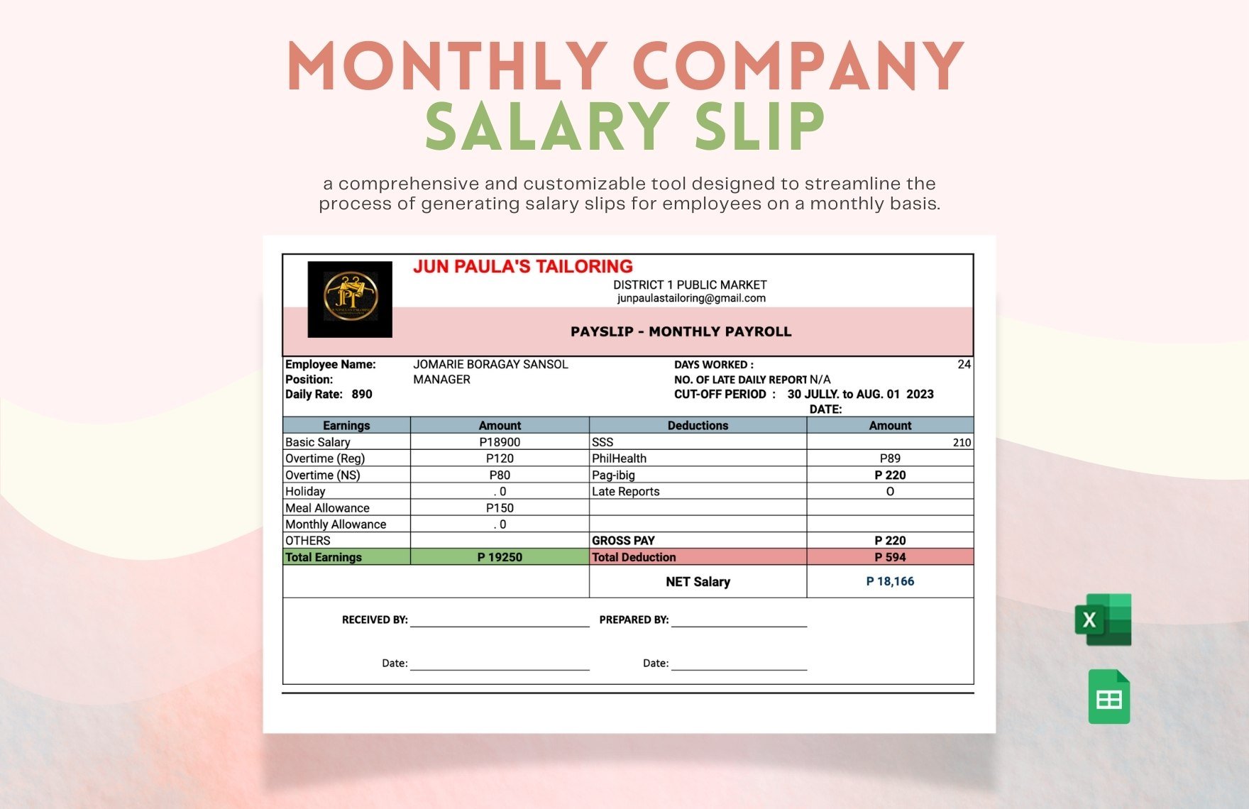 Monthly Company Salary Slip in Excel, Google Sheets