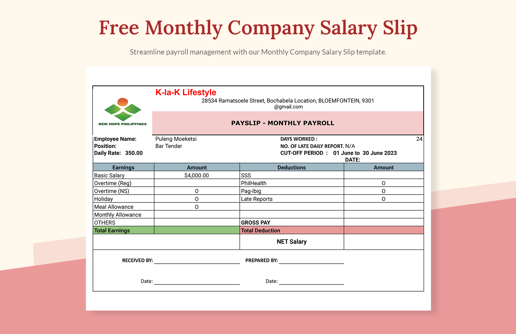 Monthly Company Salary Slip