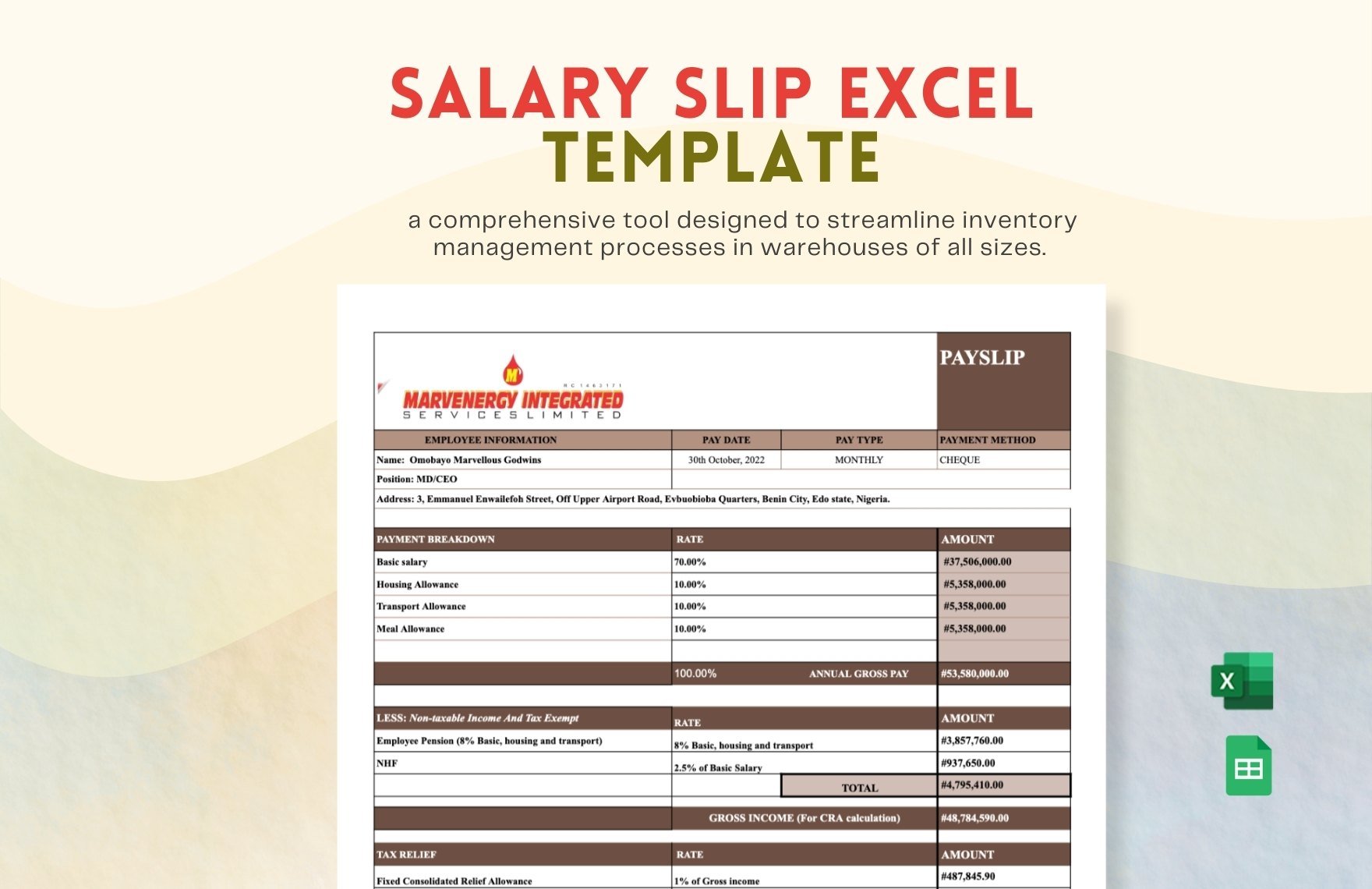 Salary Slip Excel Template in Excel, Google Sheets