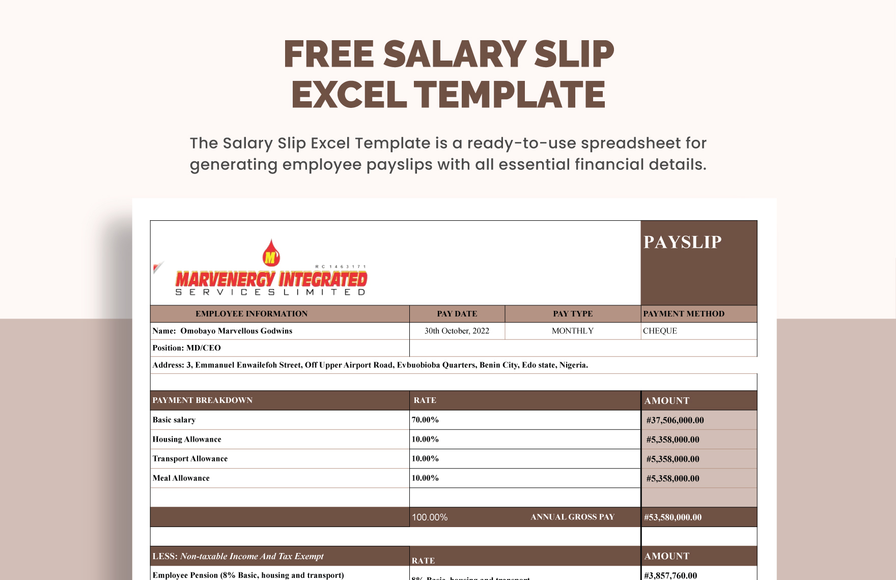 Employee Salary Slip Template in Excel, Google Sheets - Download ...