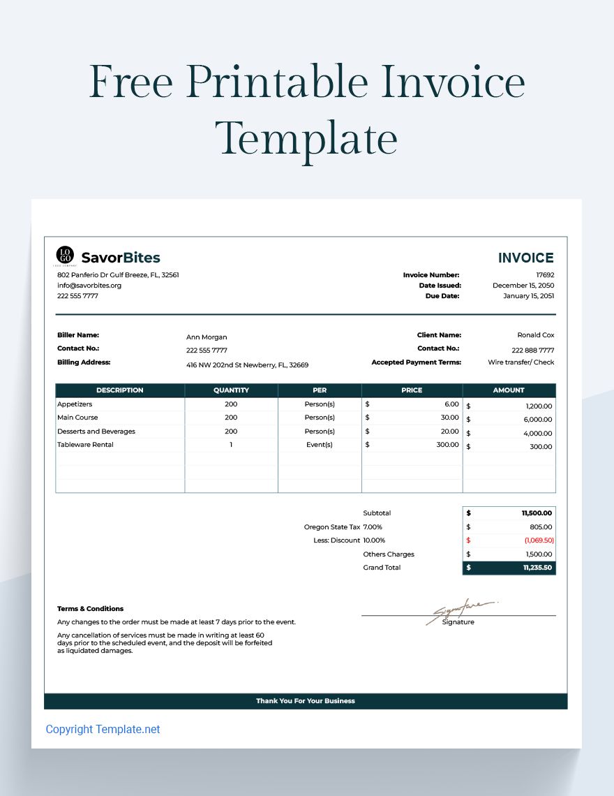 Free Printable Invoice Template - Google Sheets, Excel | Template.net