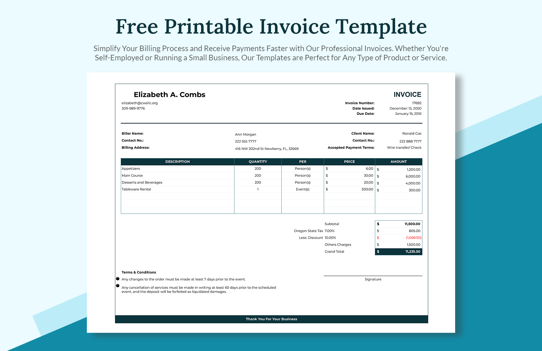 Printable Invoice Template in Excel, Google Sheets - Download | Template.net