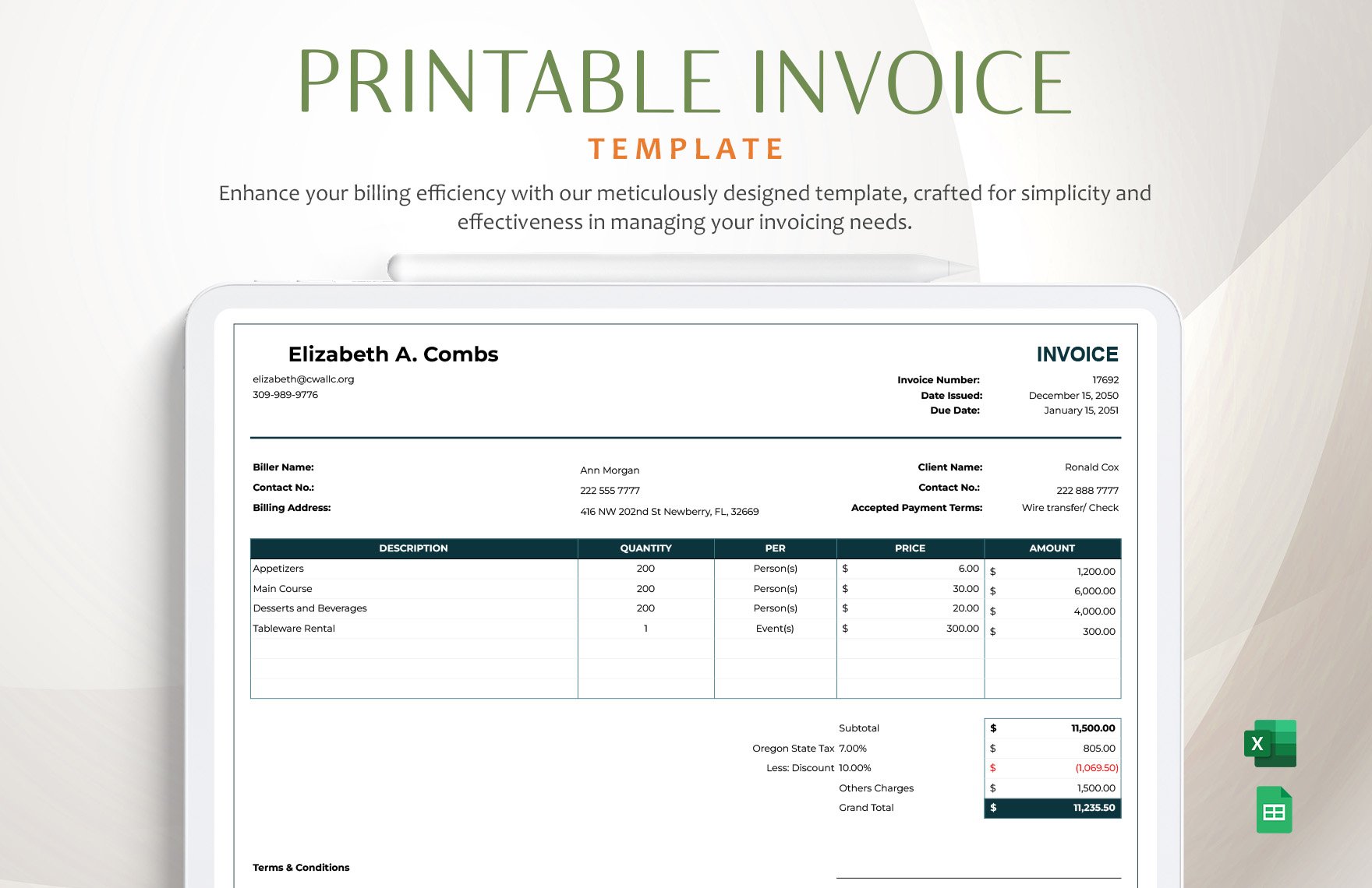 Free Printable Invoice Template in Excel, Google Sheets