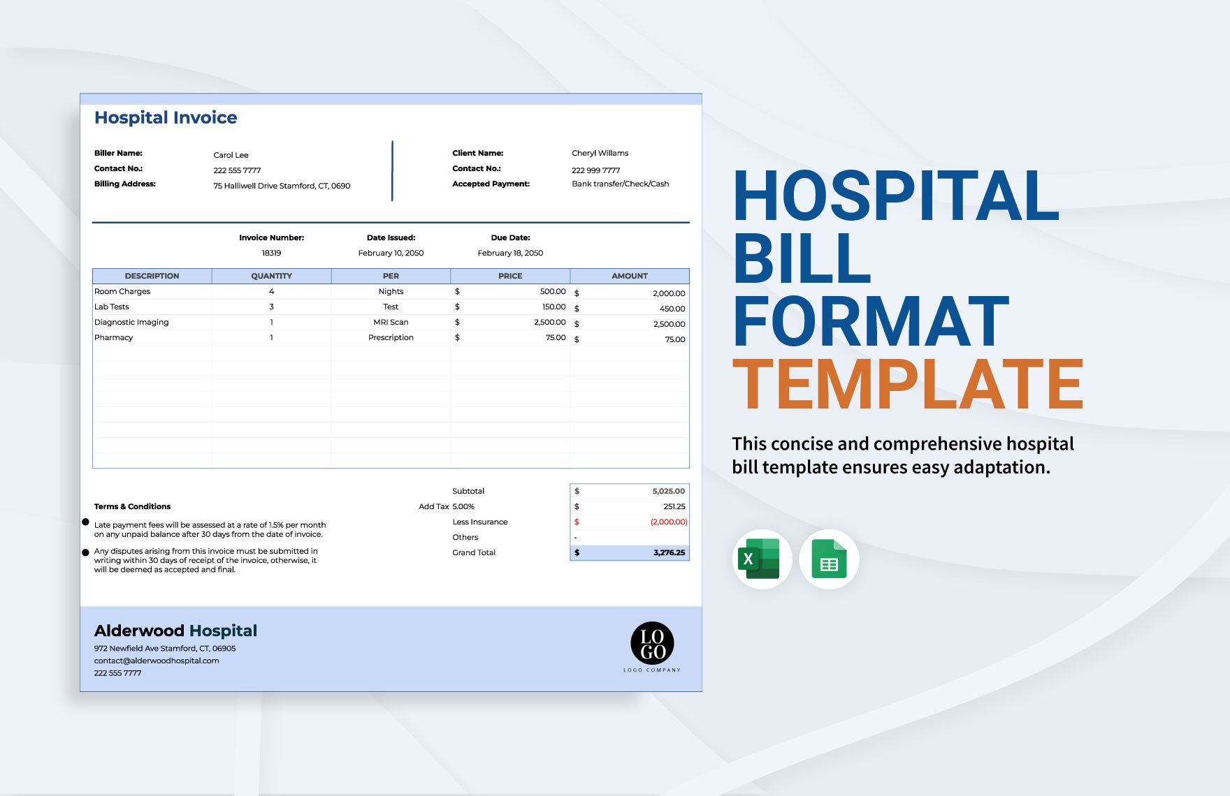 Hospital Bill Format Template in Excel, Google Sheets